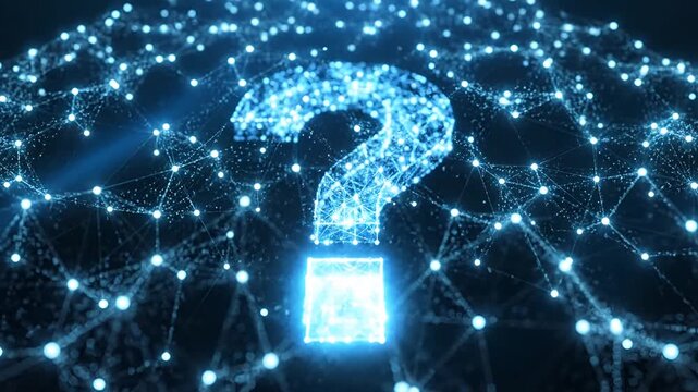 Abstract Digital Question Mark Network Glowing Blue Lights.