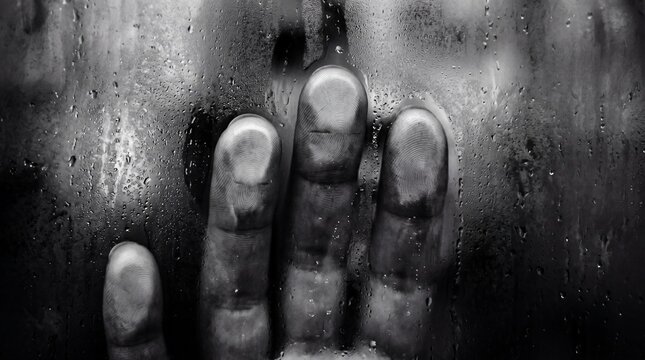 Fingertips press flat against a wet, heavily condensed pane of glass. The moody, high-contrast monochrome tones instill a haunting sense of isolation, longing, and confinement.