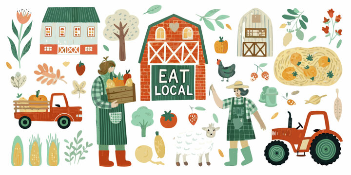 Farm Scene Illustration With Vegetables Animals And Text On White Background