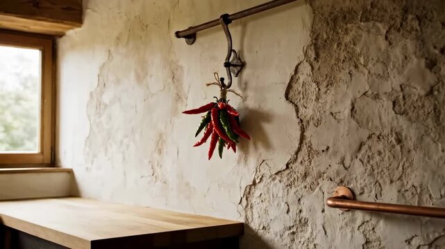 Chili peppers hang from hook in rustic kitchen. Natural light comes from window, revealing textured walls and wooden surfaces. Concept of culinary arts, home cooking, food preparation