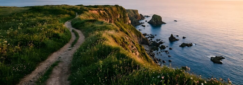 Coastal cliff path at golden hour winding through lush green meadows beside a steep drop to the blue sea with rocky outcrops and a warm glowing horizon during a summer evening