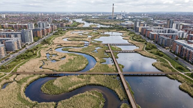 Aerial view of modern urban wetland park with wooden boardwalks and residential buildings in a city landscape under a cloudy sky.