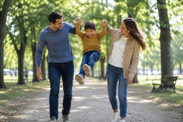 Obraz premium Happy family having fun together in sunny park walkway