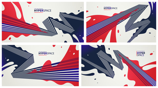 Dynamic vector abstract background set, lines in perspective with energy blast of a lava fluid in 3D space, splash in motion, modern creative art wallpaper.