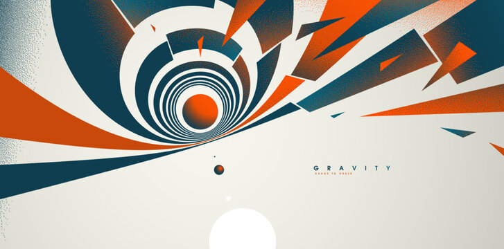 Abstract gravity concept showing pull, tension, and momentum as elements flow toward a center, transforming chaos into structured balance and direction.