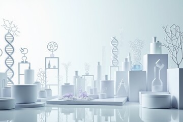 Obraz premium Abstract Biotechnology and Skincare Concept with Scientific Elements on Reflective Surface