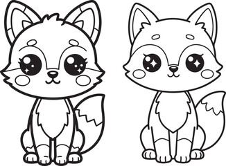 Naklejka premium Two Adorable Kawaii Foxes Sitting Side by Side in a Cute Cartoon Illustration