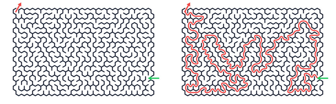 Maze game grid with pathfinding solution in black and red lines  