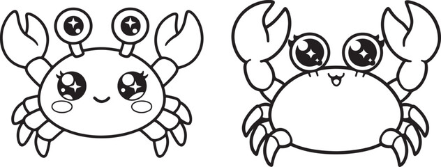 Fototapeta premium Two cute cartoon crabs with big eyes and smiles, black and white line art illustration