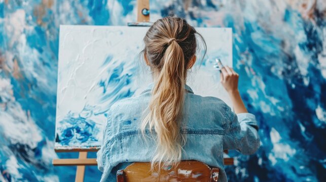 Engrossed artist creates an evocative abstract art in blue and white tones