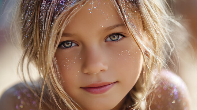 Young girl smiling wearing colorful glitter makeup on cheeks and bra ids, representing joy, celebration, summer festivals, childhood happiness, and playful energy outdoors