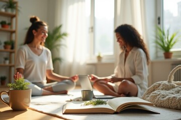 Obraz premium Two women enjoying a peaceful morning with yoga and technology at home