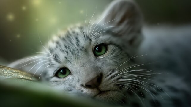 Gentle Baby Manticore With Soft Eyes Resting in Lush Green Surroundings