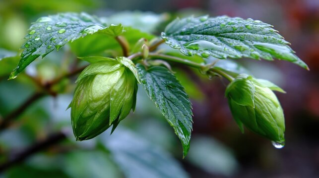 Hops Plants With Fresh Green Cones and Raindrops on Leaves in a Garden