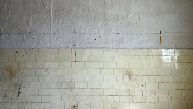 Close‑up of a worn interior wall with white ceramic tiles and a rough painted upper section, featuring stains, holes, and marks creating a distressed industrial texture.