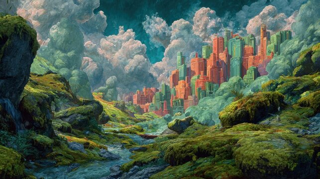 Dreamlike fantasy landscape featuring dramatic cinematic lighting, lush marble and moss textures, flowing rivers, and surreal topography. A vibrant cityscape of colorful buildings rises from the terr