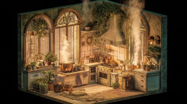 Isometric dreamlike Parisian kitchen diorama bathed in soft, warm lighting, with rustic pots simmering on a vintage stove as wisps of steam weave through a miniaturized cityscape visible through mull