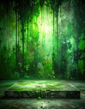 A textured green wall with dripping slime and a moss-covered concrete platform in the foreground.