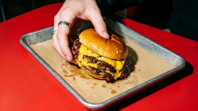 Close-up of a hand picking up a juicy double smash burger from a metal tray on a vibrant red table. High contrast, flash-lit photography perfect for trendy fast food advertising and diner menus.