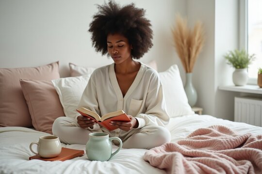 Relaxed woman reads book in bed with drinks for quiet morning