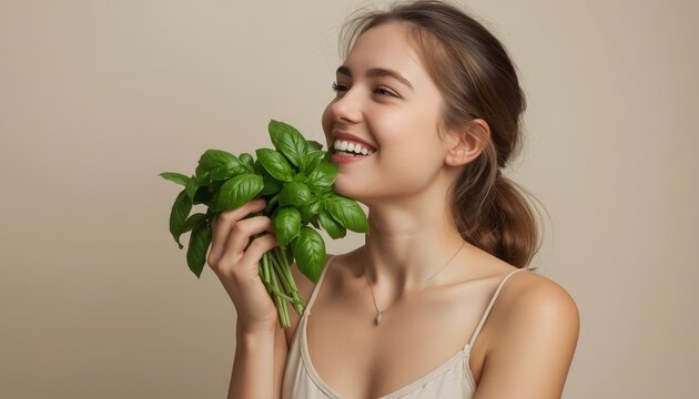 There is a woman holding a bunch of basil leaves in her hand
