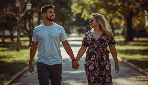 There is a man and a woman walking down a path holding hands