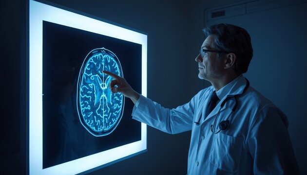 There is a man in a lab coat pointing to a brain scan