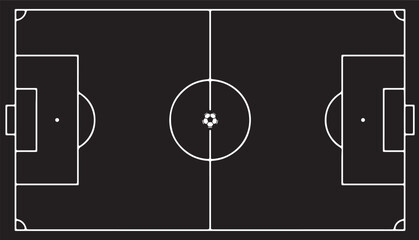 Minimalist top view illustration of a soccer field pitch with a ball in the center circle on a dark background for sports design © RAYHAN