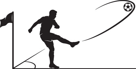 Black silhouette of a soccer player kicking a ball from a corner kick position on a field with a corner flag graphic illustration for sports design projects © RAYHAN