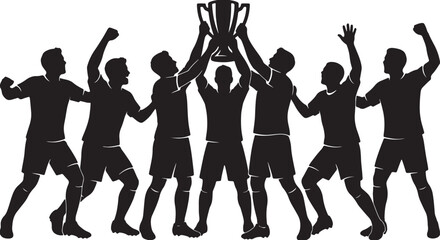 Group of happy soccer players team celebrating victory holding a championship trophy cup high up in the air © RAYHAN