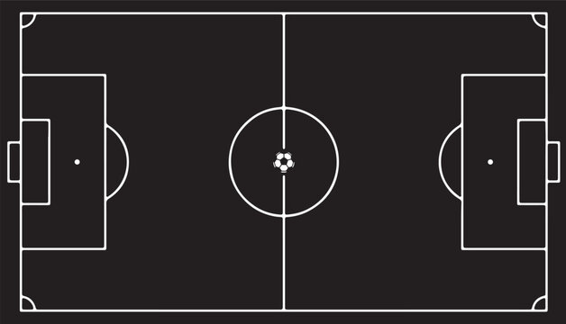 Minimalist top view illustration of a soccer field pitch with a ball in the center circle on a dark background for sports design