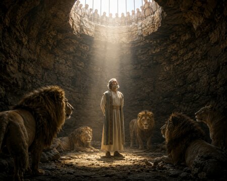 Daniel stands peacefully among lions within a deep stone pit, illuminated by a single beam of morning light, revealing unwavering faith and divine protection in the face of danger.