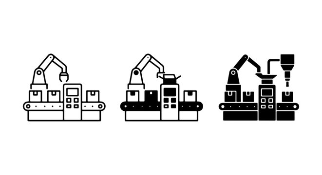 Industrial Automation Icons, Robotic Arm Assembly Line Vector Set, Manufacturing Process Workflow Graphics