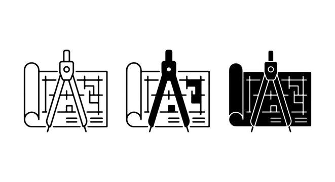Architectural Blueprint Icons, Drafting Compass and Rolled Plans, Engineering Design Tools, Vector Set