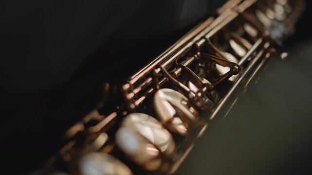 Closeup saxophone keys low light, music teacher coaching student during private studio lesson, warm golden brass with pearl pads, shallow depth of field with silky bokeh, tactile texture and subtle