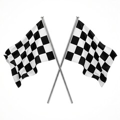 Fototapeta premium Pair of waving checkered racing flags attached to chrome poles against a bright white background graphic