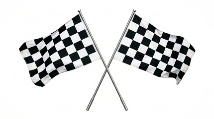Fototapeta premium A pair of crossed motorsport checkered flags showing realistic fabric folds over a solid white backdrop