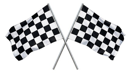 Fototapeta premium Classic black and white checkerboard flags crossed in an X shape isolated on a seamless white background