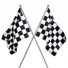 Fototapeta premium Two crossed checkered racing flags with metallic poles waving dynamically against an isolated white studio background