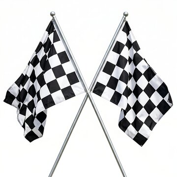 Two crossed checkered racing flags with metallic poles waving dynamically against an isolated white studio background