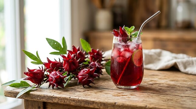 fresh roseley flower jamaica sorrel hibiscus background  
