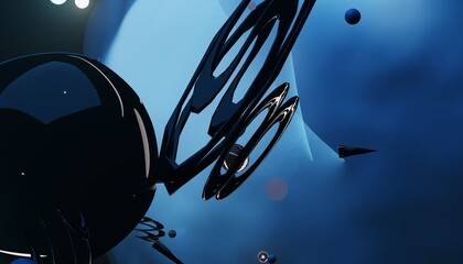Floating dark spheres orbiting polished metallic structures © AleksandrMet