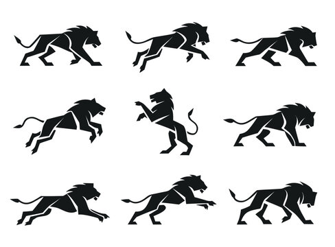 Dynamic pack of nine stylish running wolves in clean flat vector design