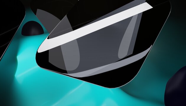 Glossy obsidian shards floating over a vivid cyan liquid