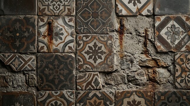 old brown gray rusty vintage shabby patchwork tiles background  
