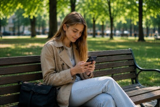 Teenage girl sitting on park bench using smartphone in sunny city park