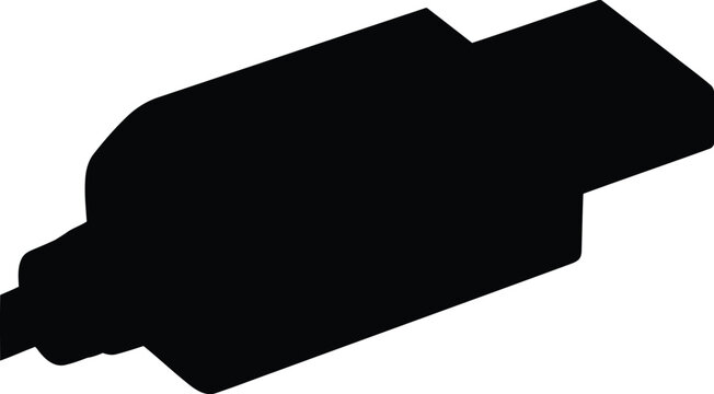 Black silhouette of a usb cable connector head for digital data transfer and power charging isolated as a simple flat graphic design element for technology projects