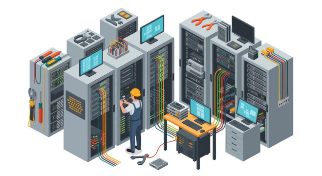 Data center server racks with technician working on equipment.