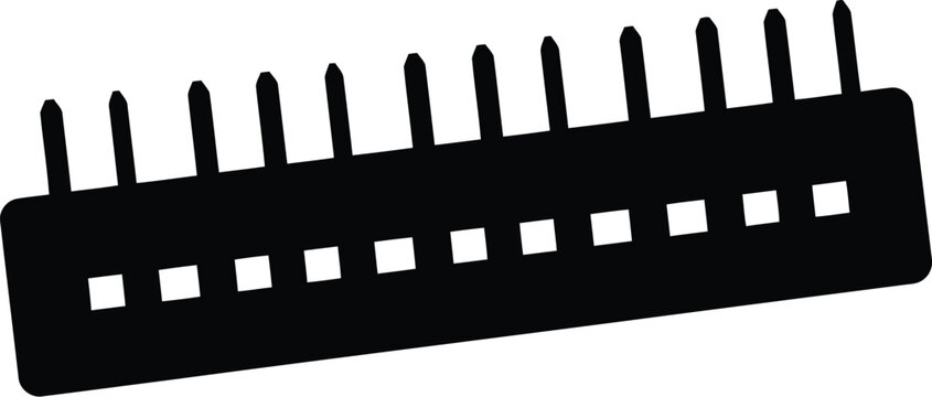 Black silhouette icon of a digital electronic connector strip with metal pins and holes for circuit board hardware components in a simple flat graphic design style