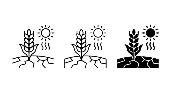 Drought Icons: Cracked Earth, Wilting Wheat, Sun Symbolizing Arid Climate Conditions, Agriculture Crisis